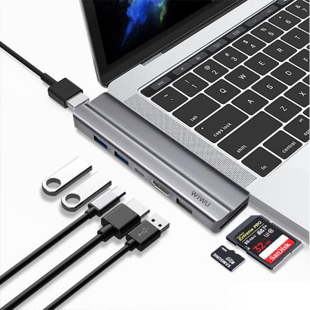 Хаб WiWU HDMI*2+USB3.0*2+USB2.0*1SD+TF+PD (T9) Серый
